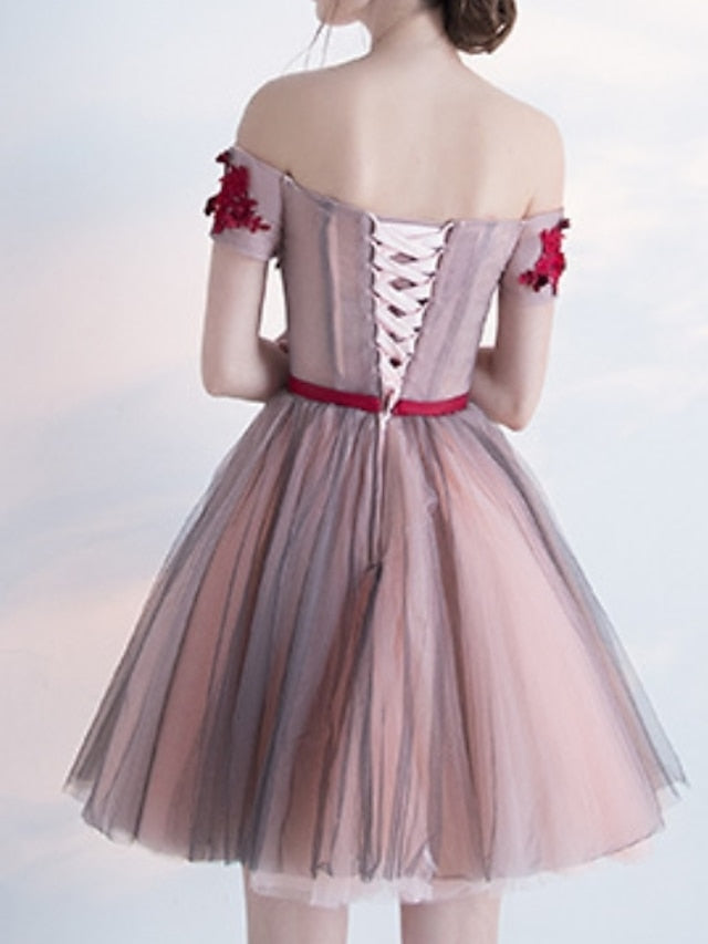 A-Line Cocktail Dresses Party Dress Valentine's Day Homecoming Short / Mini Short Sleeve Off Shoulder Pink Dress Tulle with Bow(s) Appliques