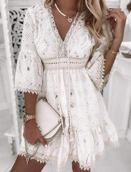 Women‘s Party Dress Casual Dress Lace Dress Mini Dress White Beige 3/4 Length Sleeve Embroidery Ruched Summer Spring Fall V Neck Fashion Wedding Summer Dress Office