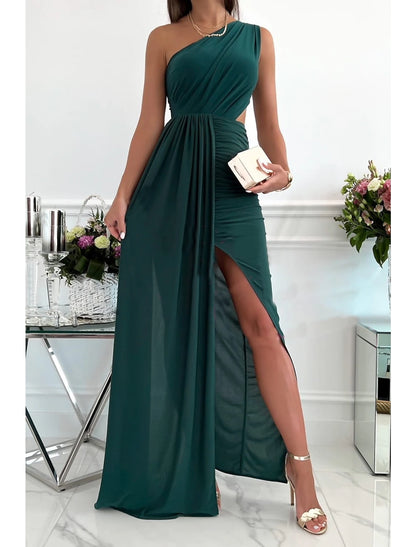 Women‘s Party Dress Homecoming Dress Long Dress Maxi Dress Green Red Beige Sleeveless One Shoulder Pure Color Patchwork Spring Summer Dress