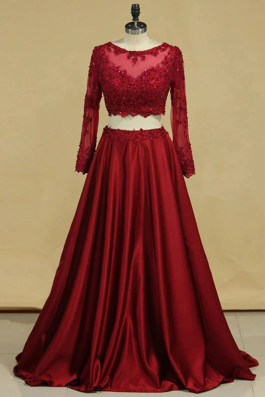 A Line Satin Lace Applique Burgundy Long Sleeves Two-Piece Prom Party Dresses ﻿