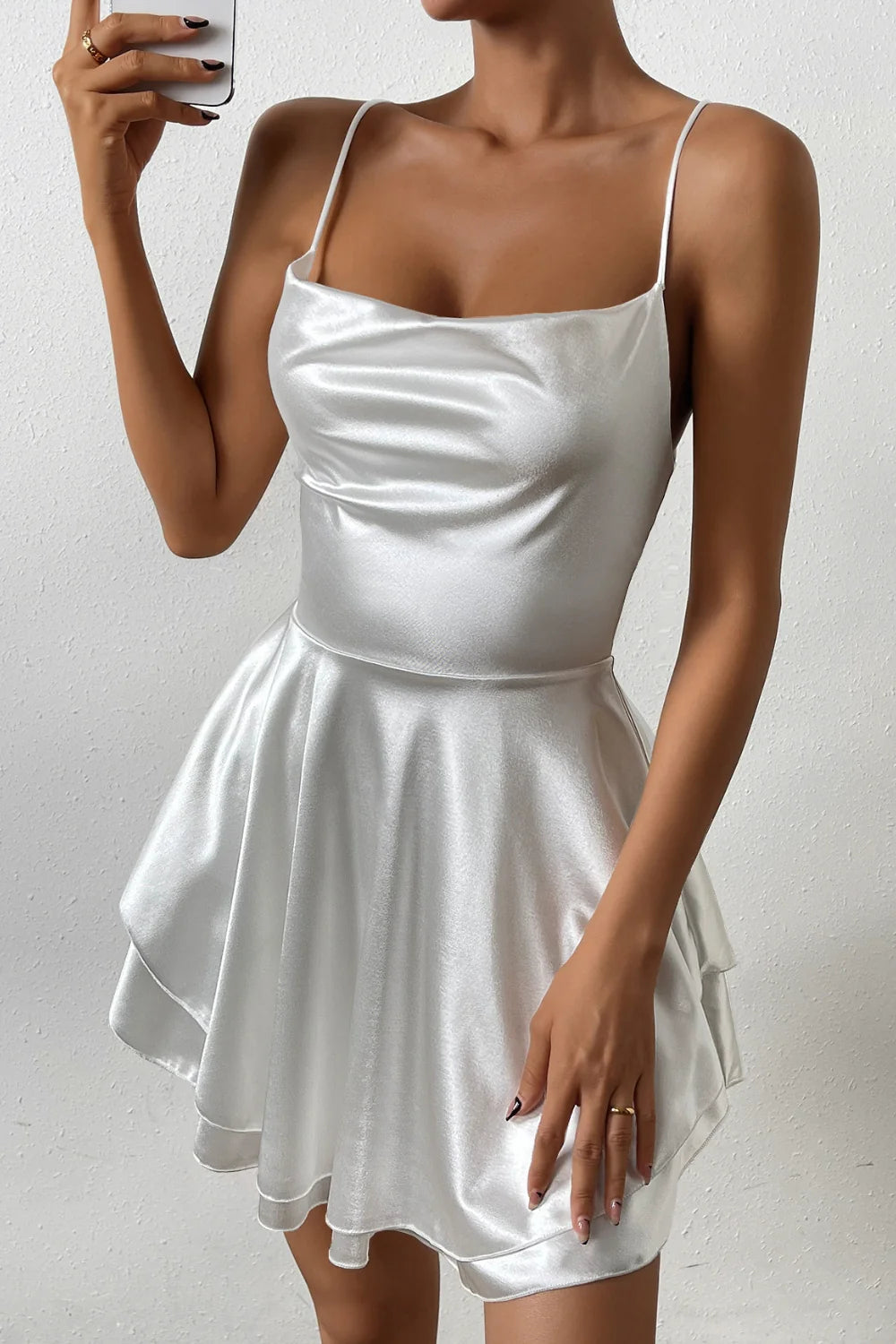 A Line Spaghetti Straps Backless Mini Homecoming Dress with Lace Up Back