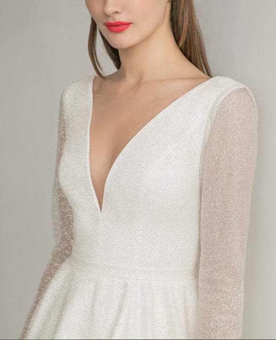 A Line Sweet Deep V Neck Backless Long SleevesTea-Length Unique Mini Wedding Prom Cocktail Dress