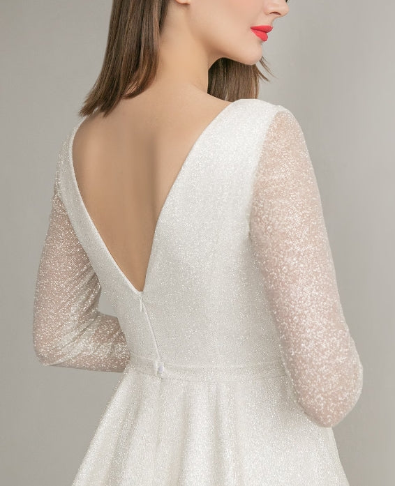 A Line Sweet Deep V Neck Backless Long SleevesTea-Length Unique Mini Wedding Prom Cocktail Dress