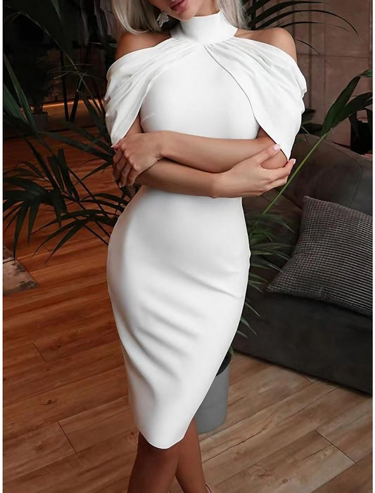 Women's Party Dress Homecoming Dress Sheath Dress Midi Dress White Short Sleeve Plain Ruched Summer Spring Fall Stand Collar Modern Wedding Guest