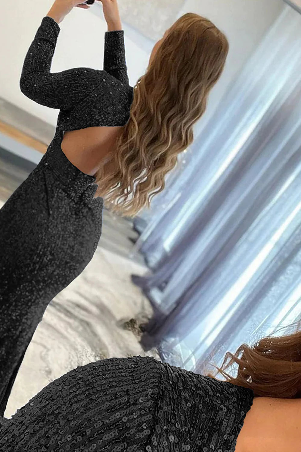 Mermaid Sequins Floor Length V-Neck Long Sleeves Prom Dress With Slit