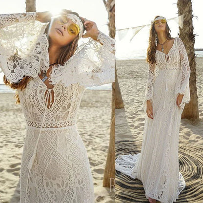 Backless Lace Mermaid Boho Puff Sleeve Wedding Dresses With Train