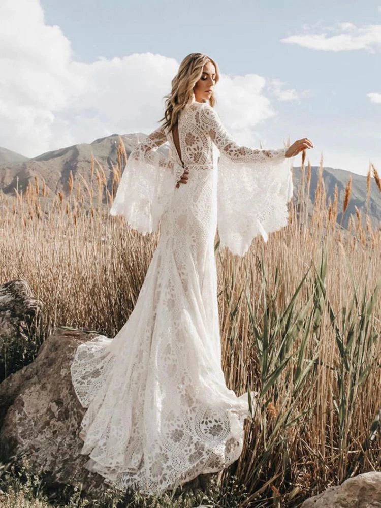 Backless Lace Mermaid Boho Puff Sleeve Wedding Dresses With Train