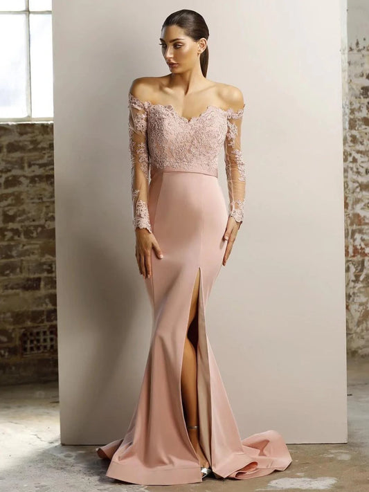 Backless Long Sleeves Lace Off the Shoulder Bridesmaid Dress With Slit