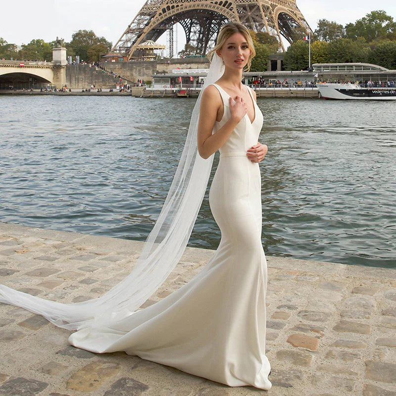 Beach Simple Soft Satin V Neck Mermaid Minimalist Wedding Dresses With Train