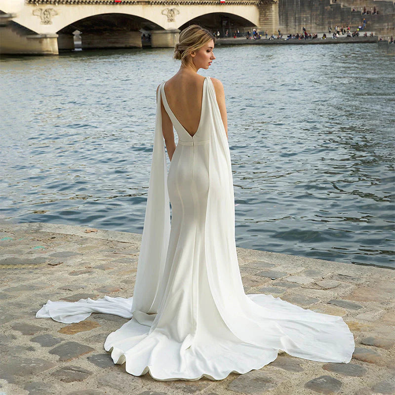 Beach Simple Soft Satin V Neck Mermaid Minimalist Wedding Dresses With Train