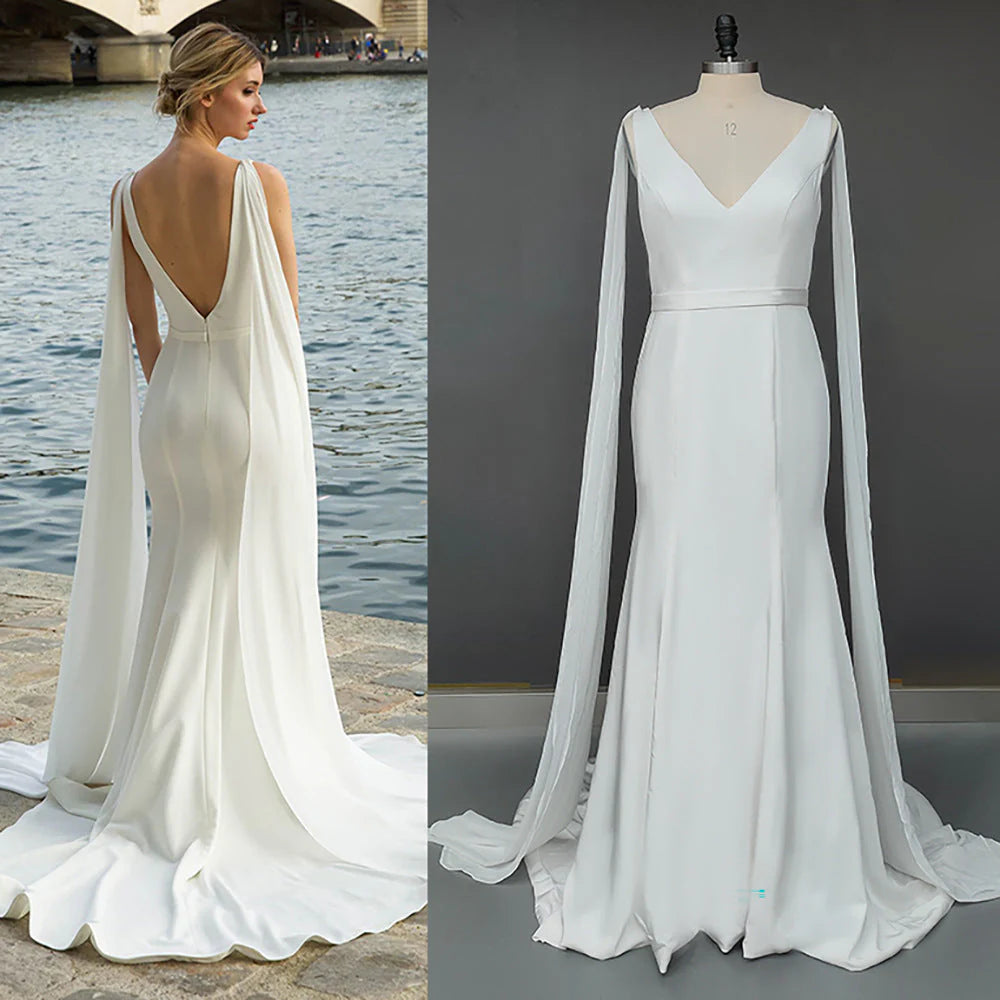 Beach Simple Soft Satin V Neck Mermaid Minimalist Wedding Dresses With Train