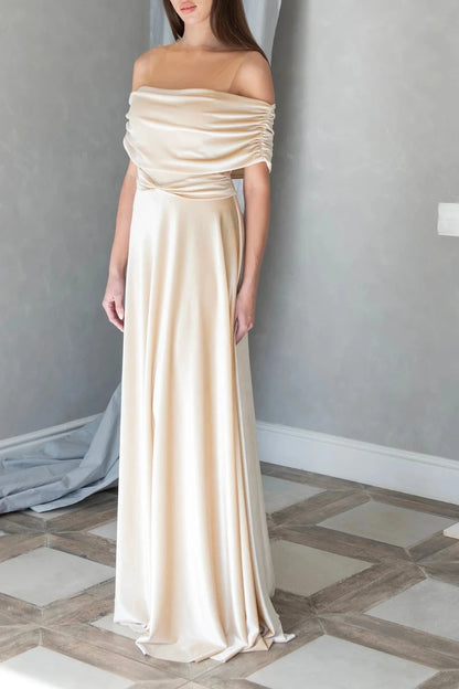 Beige Bridesmaid Dress Off Shoulder Floor Length Dress Wedding Guest Dress Prom Ball Dress Open Shoulders Evening Dress Elegant Dress