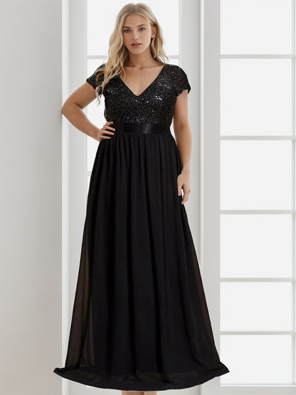 Weitese Plus Size Empire Waist V-Neck Cap Sleeve Chiffon Formal Evening Dress