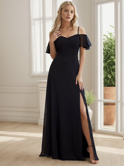 Weitese Chiffon Off-The-Shoulder Side Slit Bridesmaid Dress with sleeves