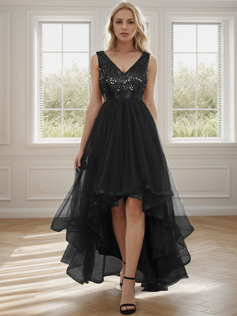 Weitese Sleeveless Sequin Ribbon Waist Tulle High Low Evening Dress