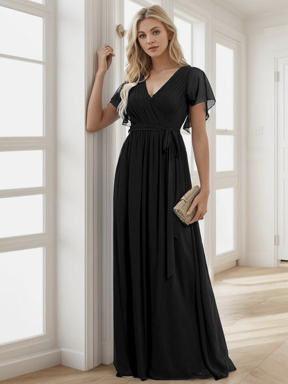 Weitese  A-Line Pleated Chiffon Tie-Waist Evening Dress