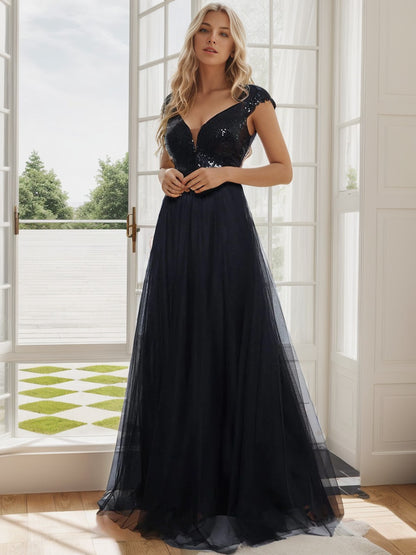 Weitese Shiny Sequin Bodice Off the Shoulder Maxi Tulle Evening Dress