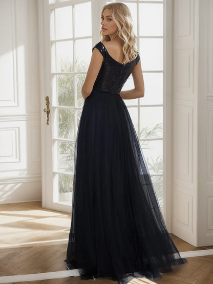 Weitese Shiny Sequin Bodice Off the Shoulder Maxi Tulle Evening Dress