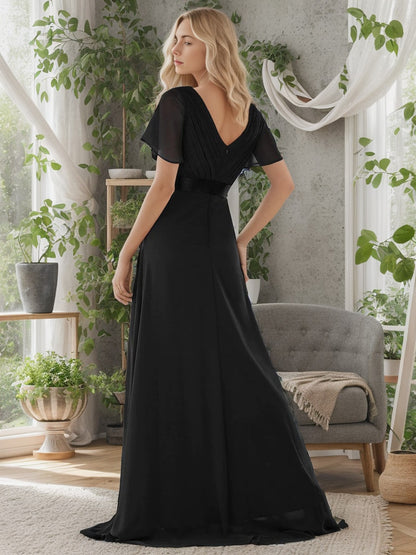 Weitese Long Chiffon Empire Waist Bridesmaid Dress with Short Flutter Sleeves