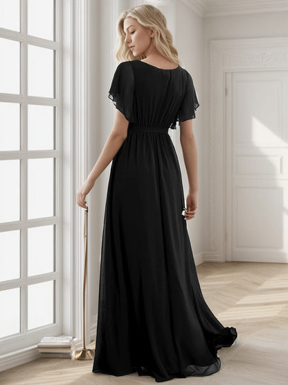 Weitese  A-Line Pleated Chiffon Tie-Waist Evening Dress