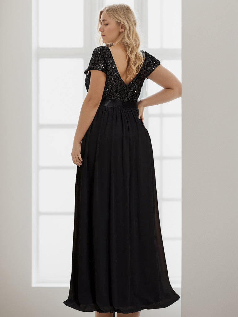 Weitese Plus Size Empire Waist V-Neck Cap Sleeve Chiffon Formal Evening Dress