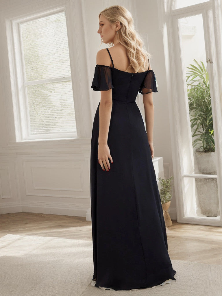 Weitese Chiffon Off-The-Shoulder Side Slit Bridesmaid Dress with sleeves