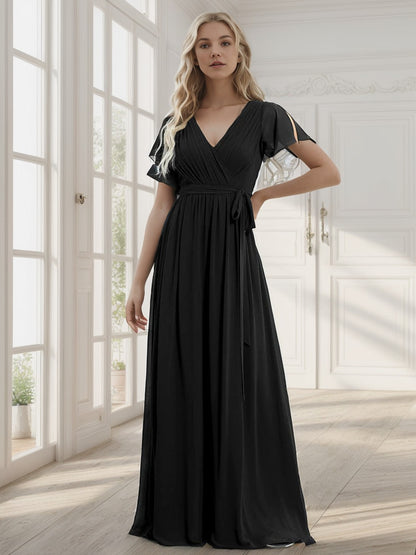 Weitese  A-Line Pleated Chiffon Tie-Waist Evening Dress