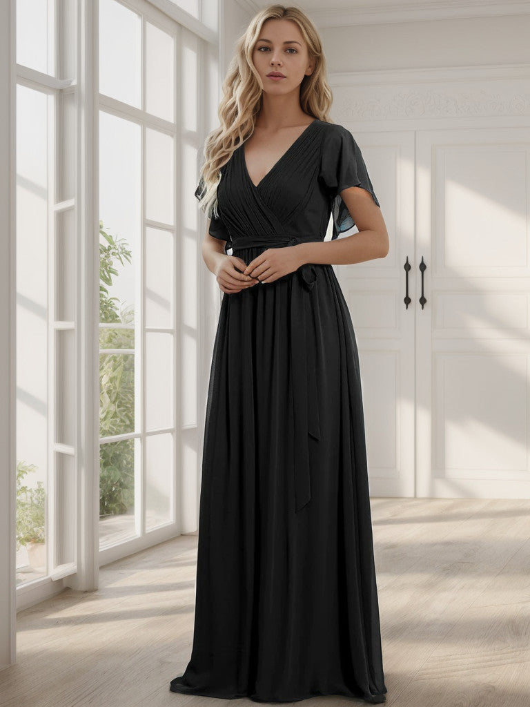 Weitese  A-Line Pleated Chiffon Tie-Waist Evening Dress