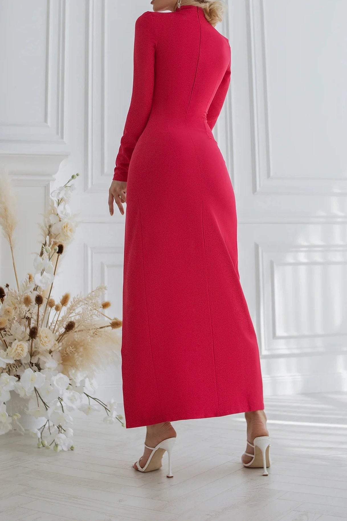 Black High Neck Side-Slit Midi Party Dress Sheath Long Sleeves Prom Dress Crimson Two Slit Navy Chic Ankle Length Evening Dress