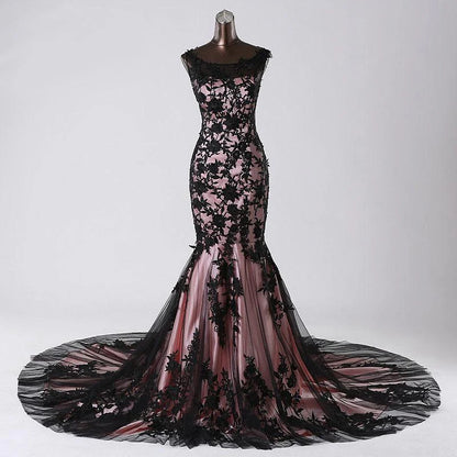 Black Lace Tulle Mermaid Sleeveless Round Neck Applique Prom Evening Party Dress With Train