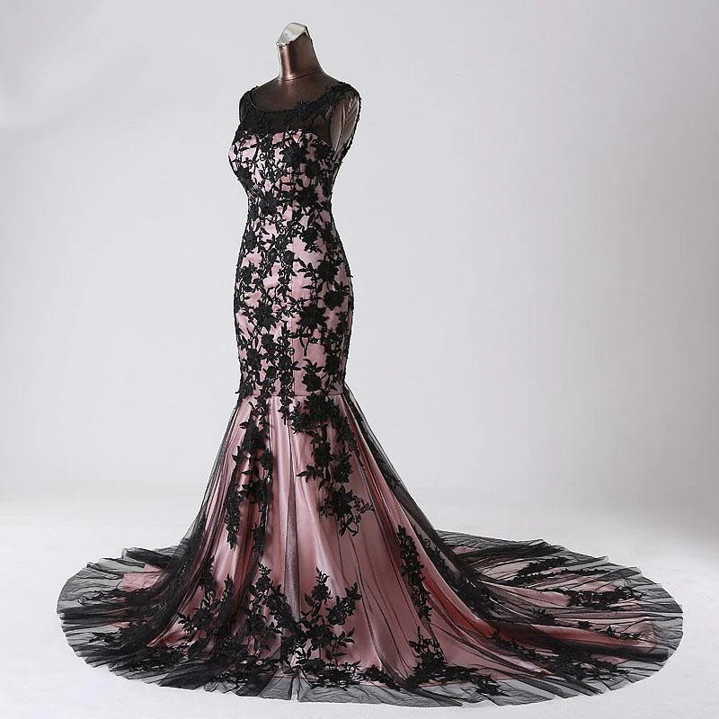 Black Lace Tulle Mermaid Sleeveless Round Neck Applique Prom Evening Party Dress With Train