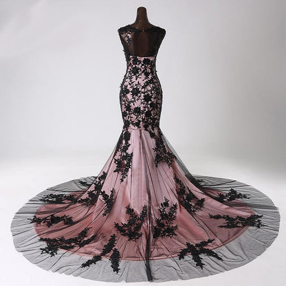 Black Lace Tulle Mermaid Sleeveless Round Neck Applique Prom Evening Party Dress With Train