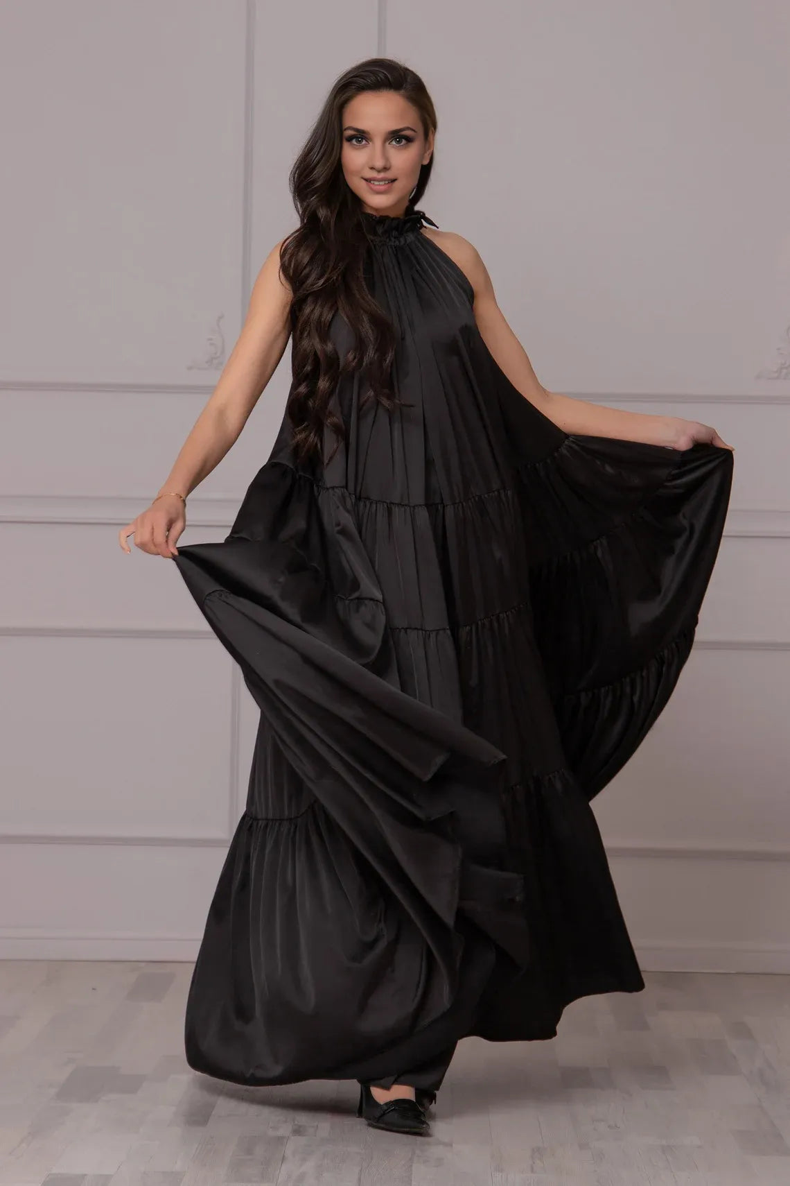 Black Satin Abaya Dress Tiered Flowy Wedding Guest Dress Elegant Cocktail Dress Plus Size Evening Dress Long Formal Flounce Dress Prom Dress