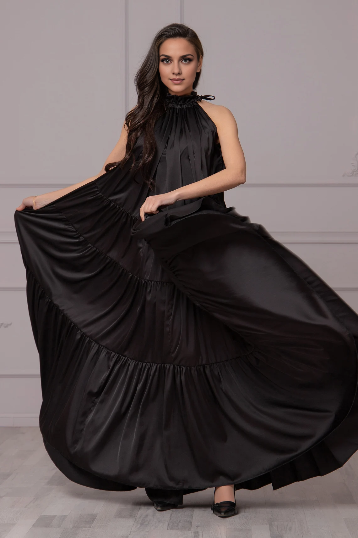 Black Satin Abaya Dress Tiered Flowy Wedding Guest Dress Elegant Cocktail Dress Plus Size Evening Dress Long Formal Flounce Dress Prom Dress