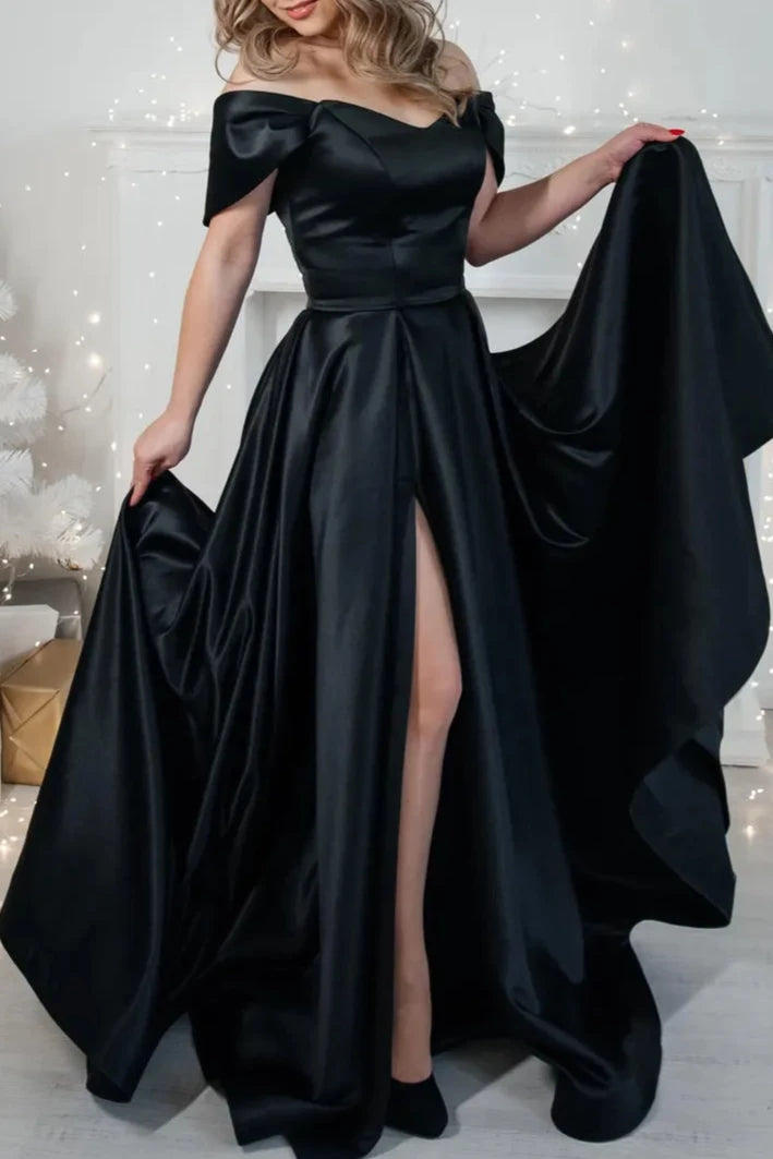 Black Satin Off Shoulder Formal Dress Princess Lace Up Corset Bridesmaid Dress Long Floor Length Black Wedding Guest Dress