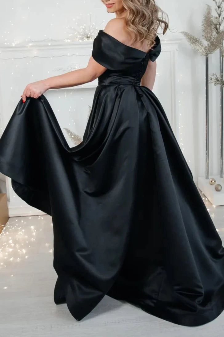 Black Satin Off Shoulder Formal Dress Princess Lace Up Corset Bridesmaid Dress Long Floor Length Black Wedding Guest Dress