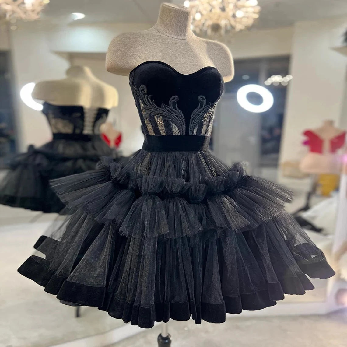 Black Short Dress Puffy Tulle Skirt With Bodice A-line Party Dance Dress Black Prom Dress Strapless Dress Homecoming Dress