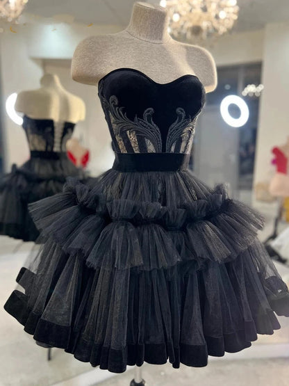 Black Short Dress Puffy Tulle Skirt With Bodice A-line Party Dance Dress Black Prom Dress Strapless Dress Homecoming Dress