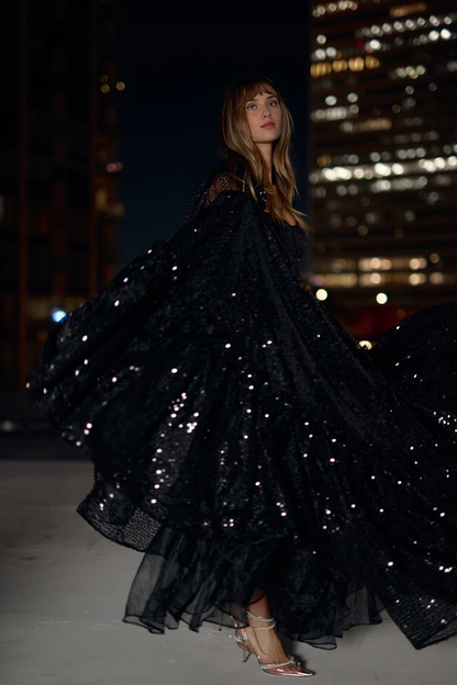 Black Square Neck Ball Gown With Lantern Sleeves And Floor To Ceiling Sequins Elegant Party Dress