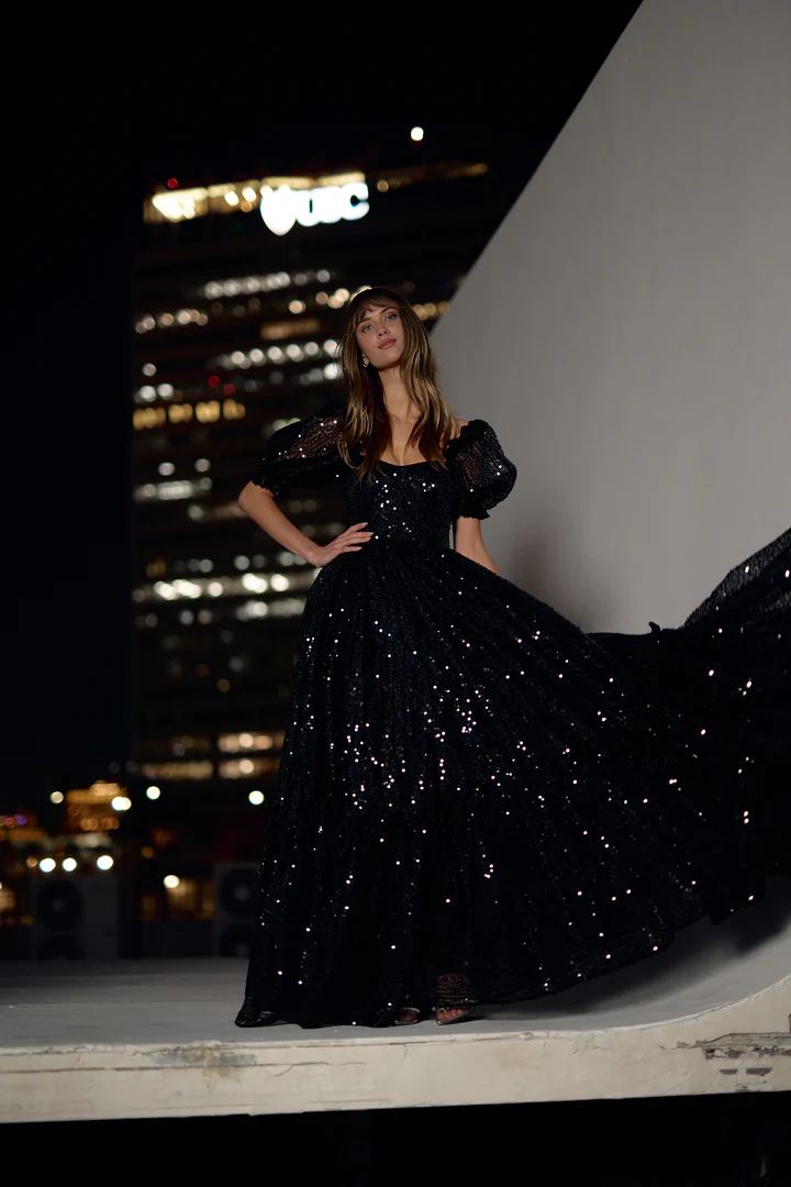 Black Square Neck Ball Gown With Lantern Sleeves And Floor To Ceiling Sequins Elegant Party Dress