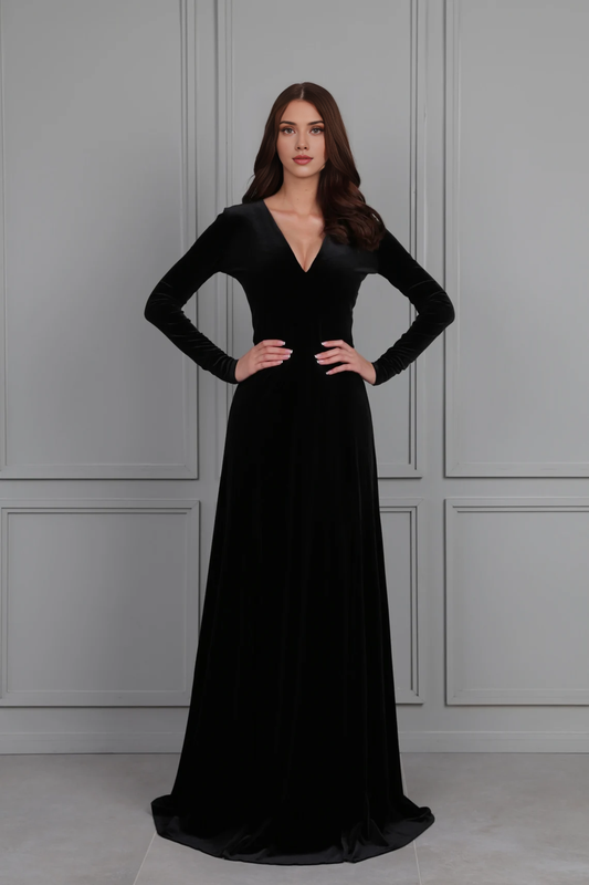 Black Velvet Dress Formal Dress Long Dress Long Sleeve Bridesmaid Dress Plunge Neck Dress Evening Dress