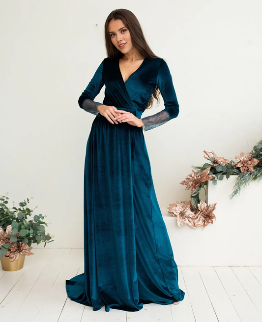 Black Velvet Dress V Neck Wrap Dress A-line Long Lace Sleeves Floor Length Prom Party Dress