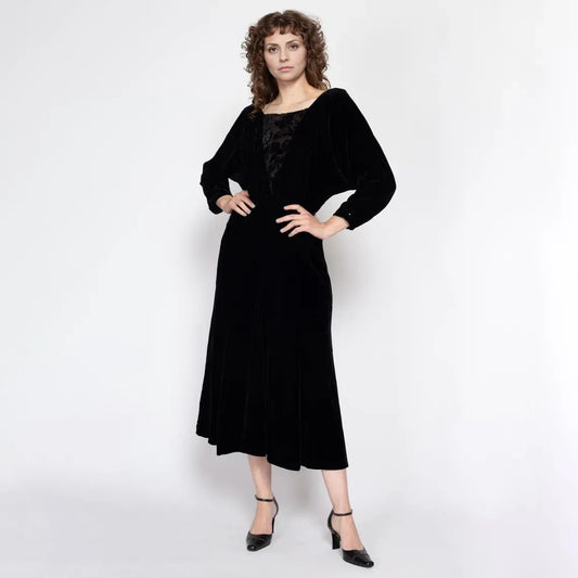 Black Velvet Dress Vintage Batwing Sleeve Midi Dress Tea-Length Evening Dress