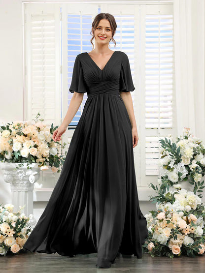 A-Line V-Neck Short Sleeve Bridesmaid Dress for Wedding Guest Long Chiffon Formal Party Dresses with Slit