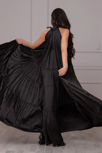 Black Satin Abaya Dress Tiered Flowy Wedding Guest Dress Elegant Cocktail Dress Plus Size Evening Dress Long Formal Flounce Dress Prom Dress