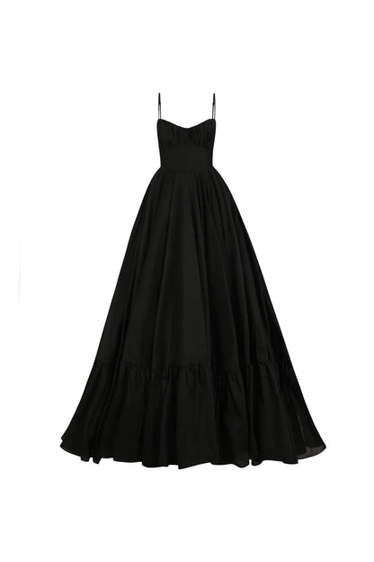 Black Thin Shoulder Strap A-line Reverse Pleated Hem To Ankle Party Dance Dress