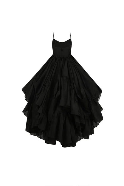 Black Thin Shoulder Strap A-line Reverse Pleated Hem To Ankle Party Dance Dress