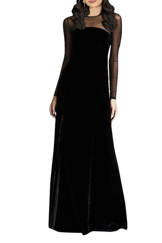 Black Velvet Dress Floor Length Neck Long Sleeves Round Neck Bridesmaid Dress Prom Gown With Slit