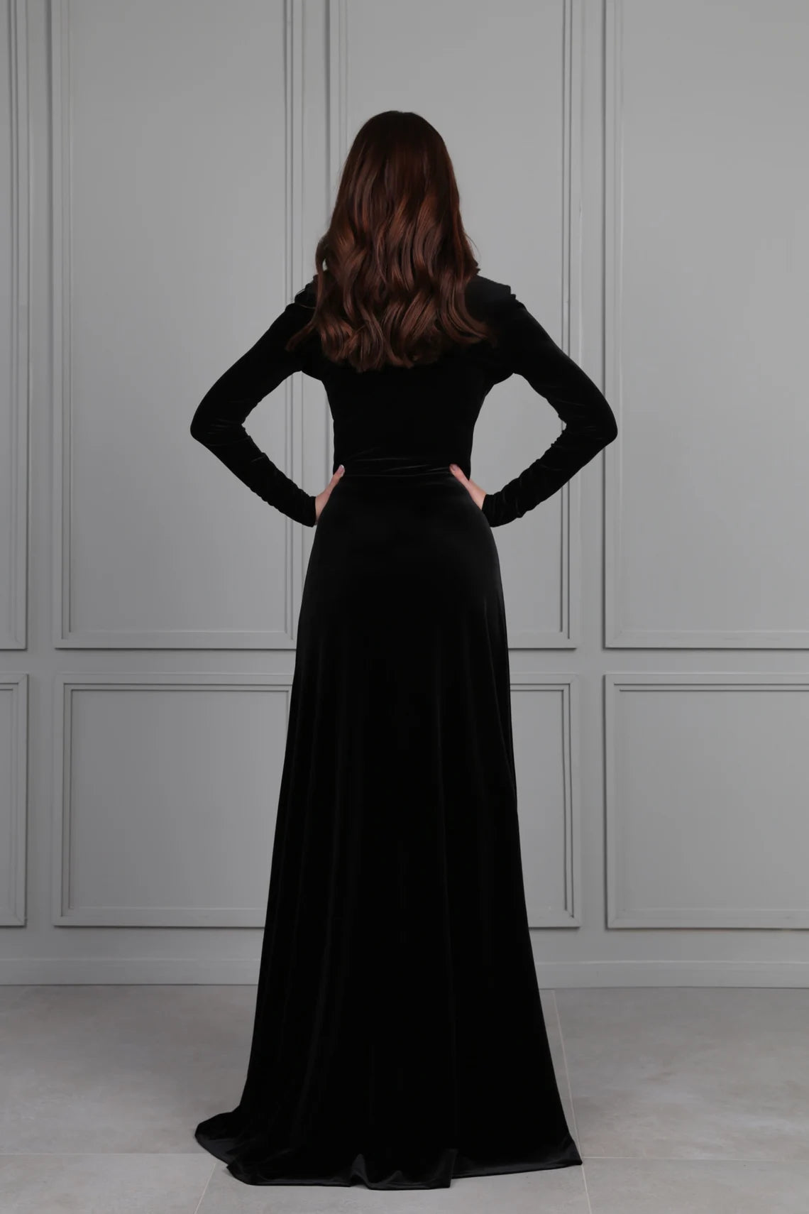 Black Velvet Dress Formal Dress Long Dress Long Sleeve Bridesmaid Dress Plunge Neck Dress Evening Dress