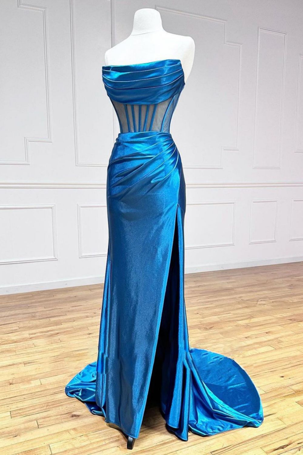 Weitese Blue Mermaid Strapless Sweep Train Satin Prom Dress With Split And Pleating